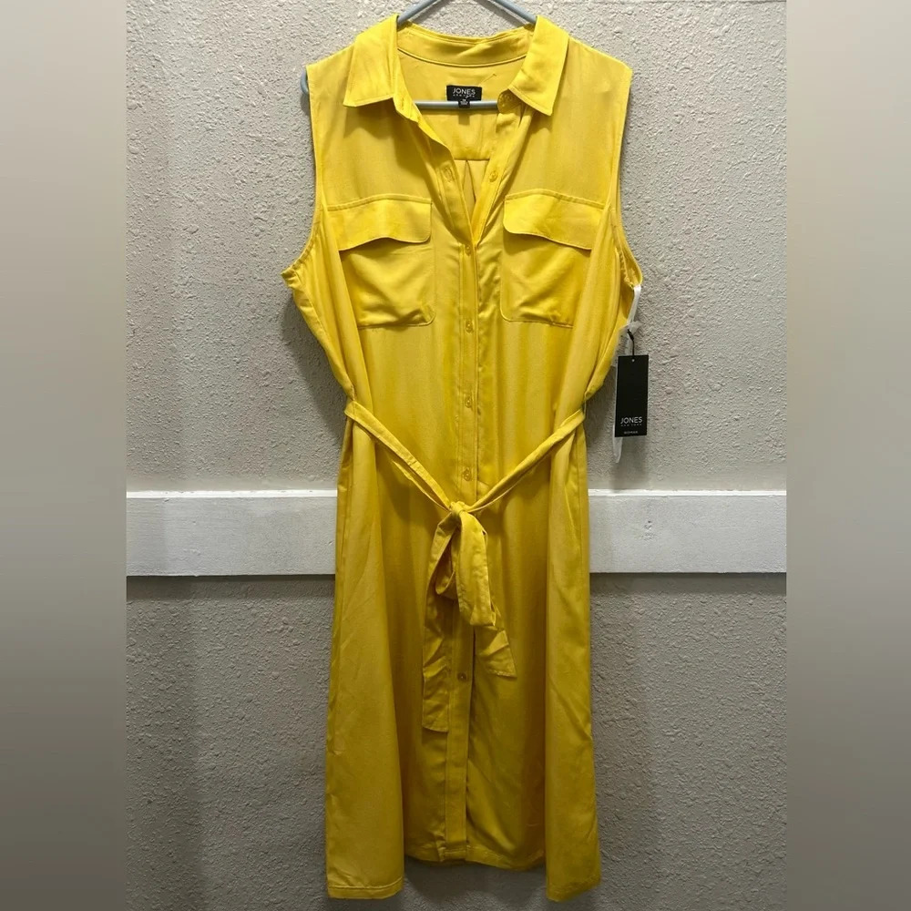 Jones New York Sunflower Yellow Button Down Collared Belted Sleeveless Dress NWT